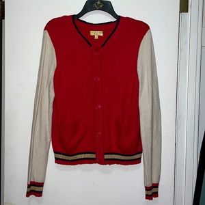 Princess Vera wang red varsity cardigan with gold lurex detail size large